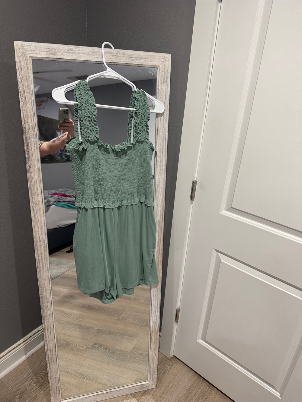 Smocked Ruffle Strap Romper in Sage Green